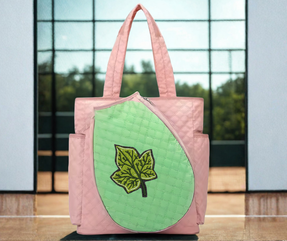 Blush & Mint Leaf Quilted Tote Bag (Zip Top + Side Pockets)