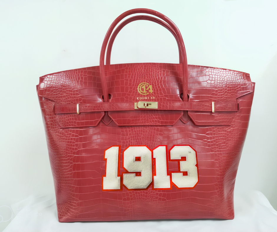 Red Croc-Embossed Lock Tote Bag with “1913” Patch